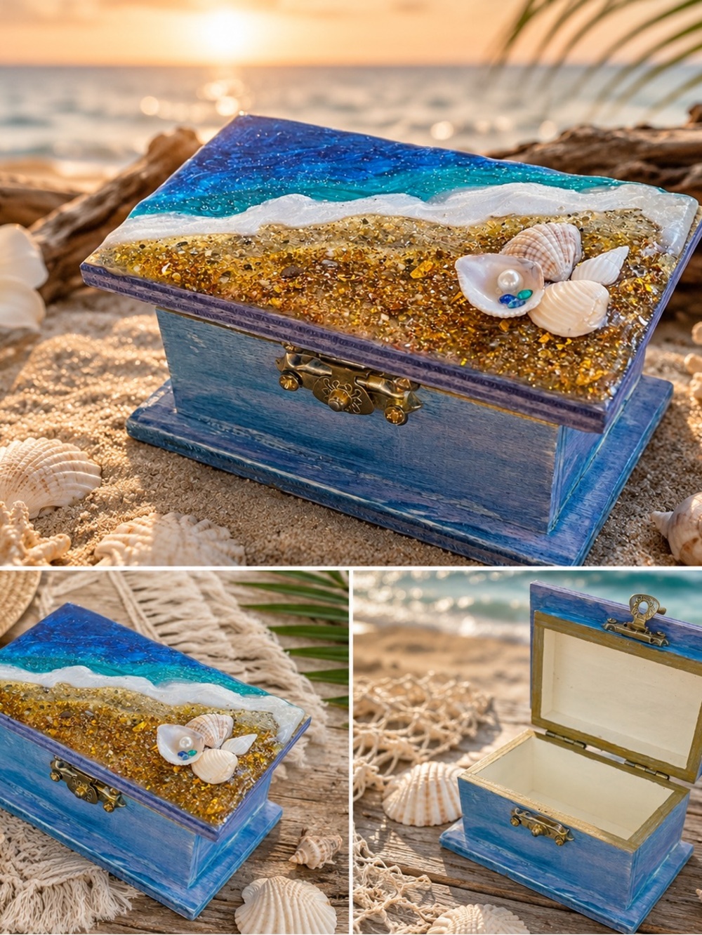 PRICE DROPPED Real Sand Ocean Themed Resin Topped Jewelry Trinket Pine Box